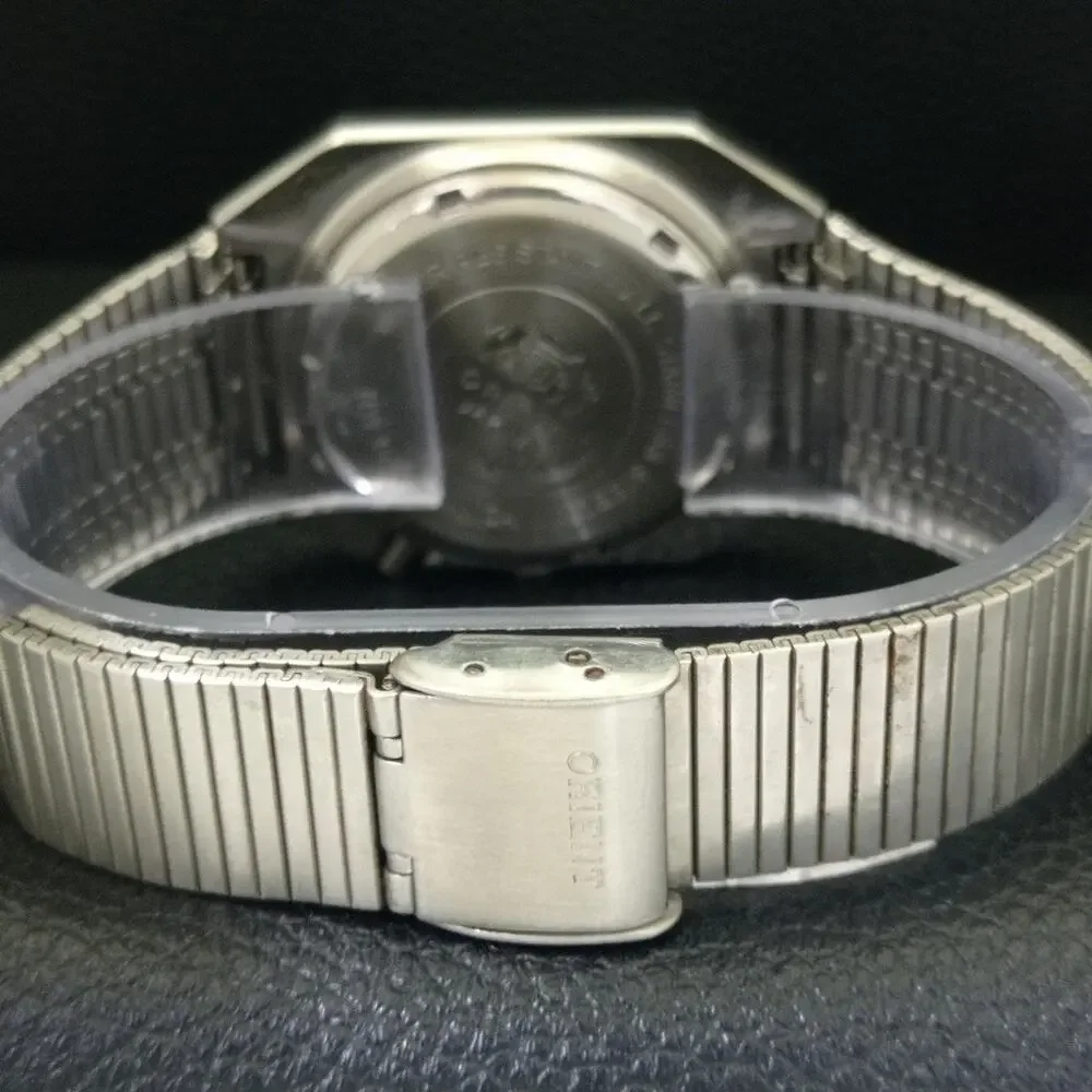 Vintage 1979 Square Orient Automatic Mens Silver Watch W/daydate & Gold accents